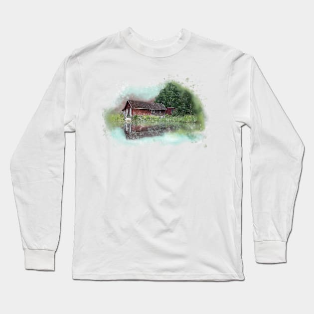 Typical Sweden Lake House - Watercolour Long Sleeve T-Shirt by NaturalSkeptic